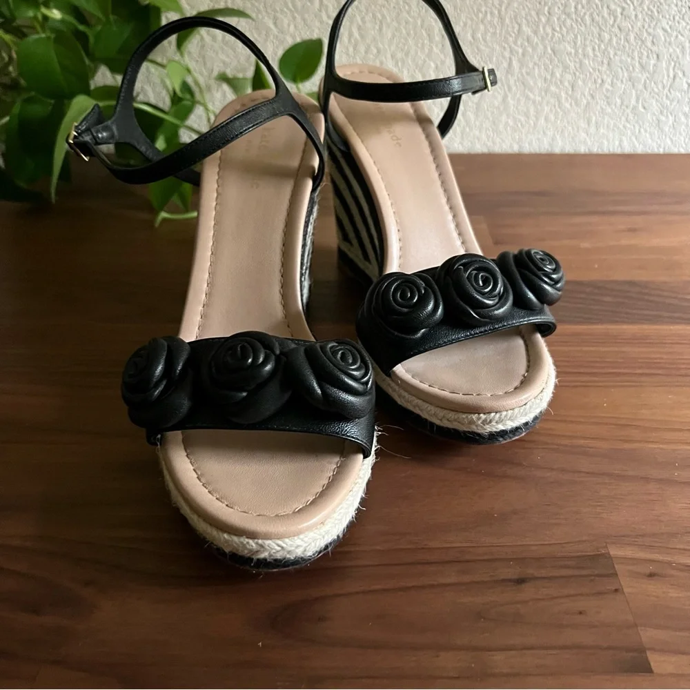 Kate Spade New York Jill Rosette Black Cream Espadrille Platform Wedge Sandals